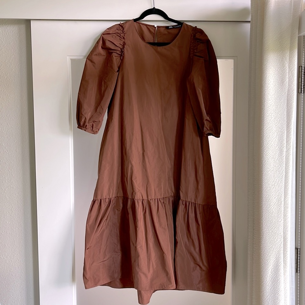 Zara Voluminous Taffetta Dress - Brown SZ XL/NWOT